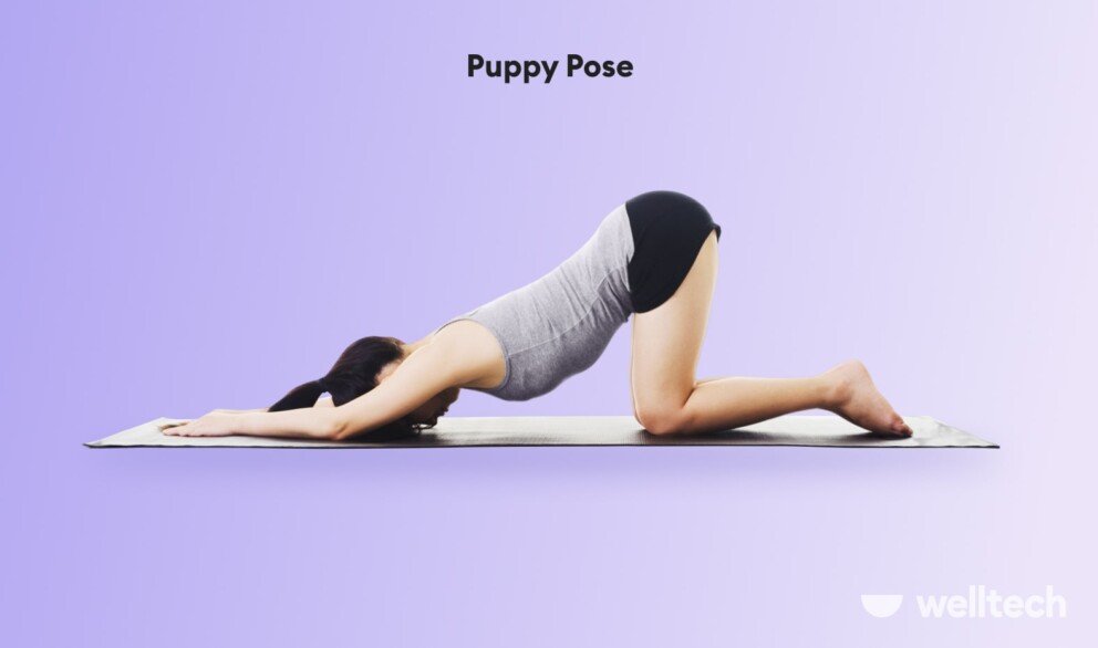 a woman is performing Puppy Pose_stretches to decompress spine