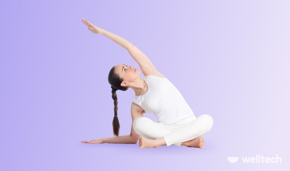 a woman is practicing yoga, doing Seated Side Bend_seated yoga poses