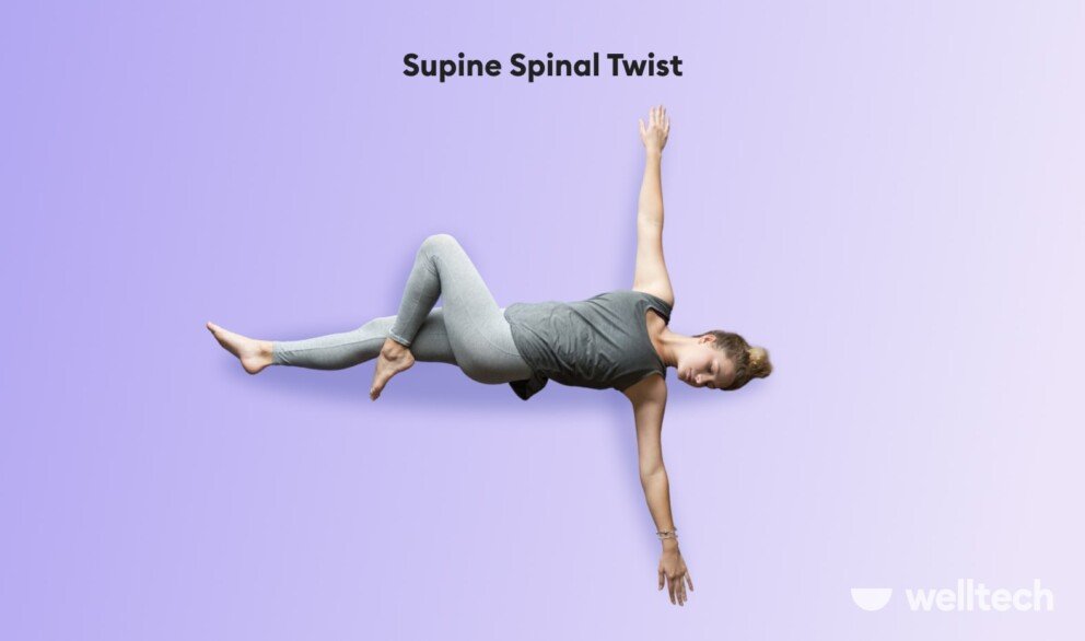 a woman is performing Supine spinal twist_stretches to decompress spine