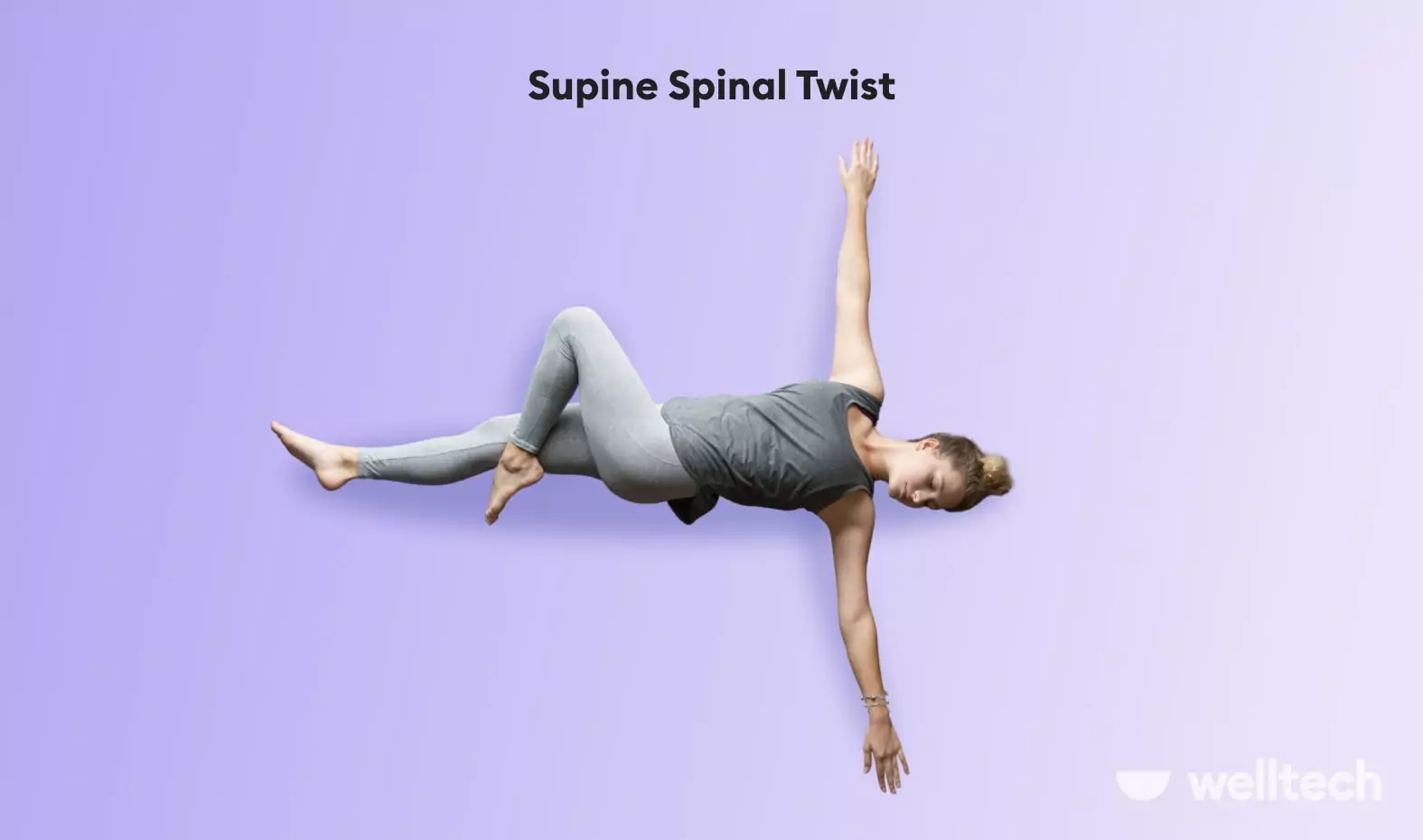 a woman is performing Supine spinal twist_stretches to decompress spine