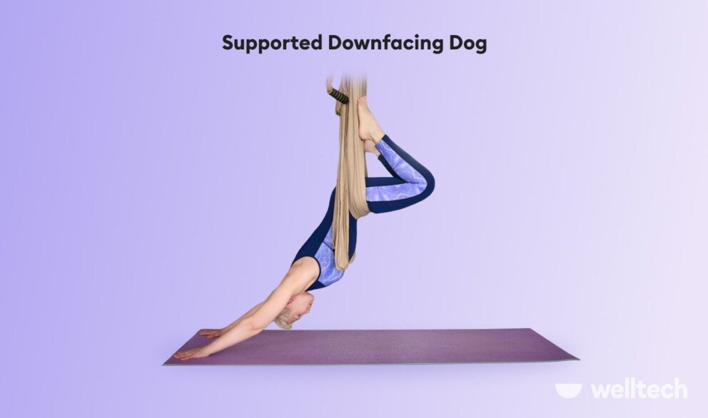 a woman is performing Supported downfacing dog with a hammock_stretches to decompress spine
