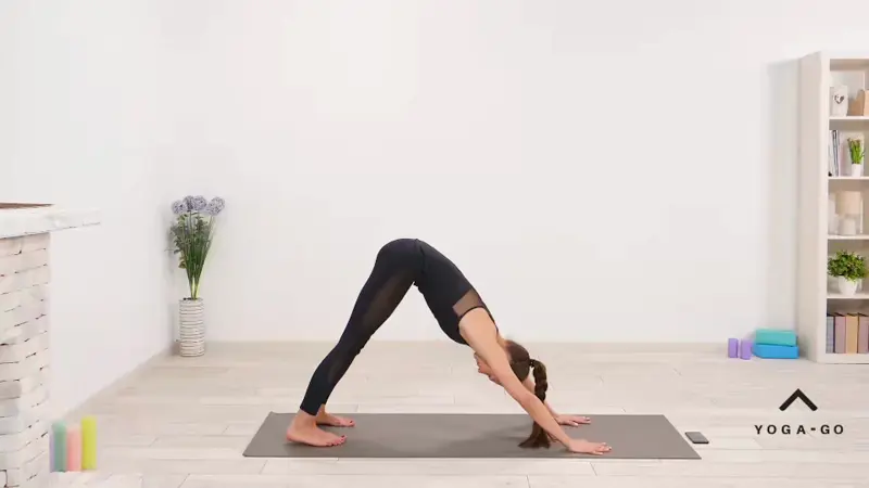 a woman is practicing yoga, doing Three-Legged Downward Dog with Bent Knee_yoga warm up