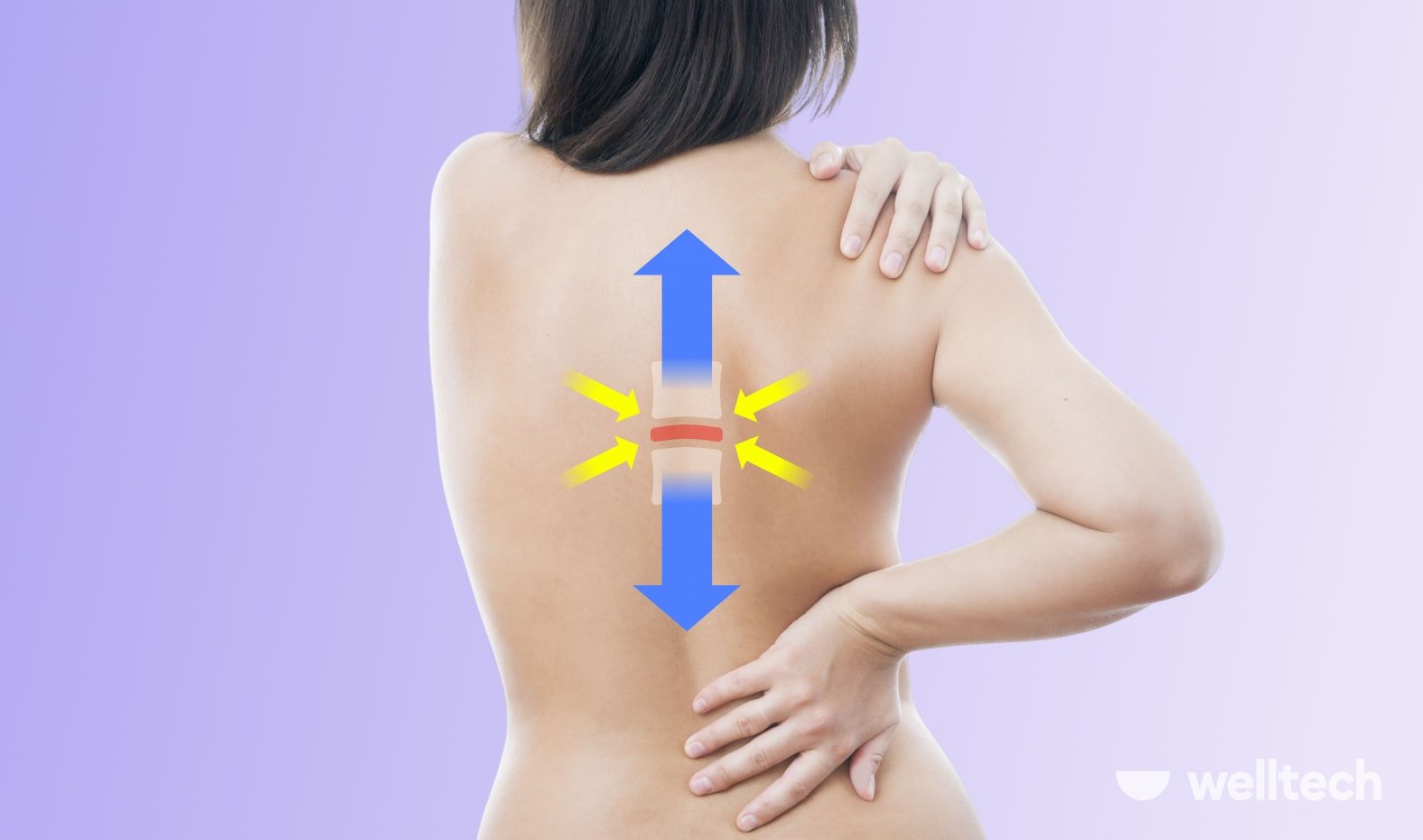a woman is standing with her back to the camera, touching her lower back, spine decompression illustrated, stretches to decompress spine