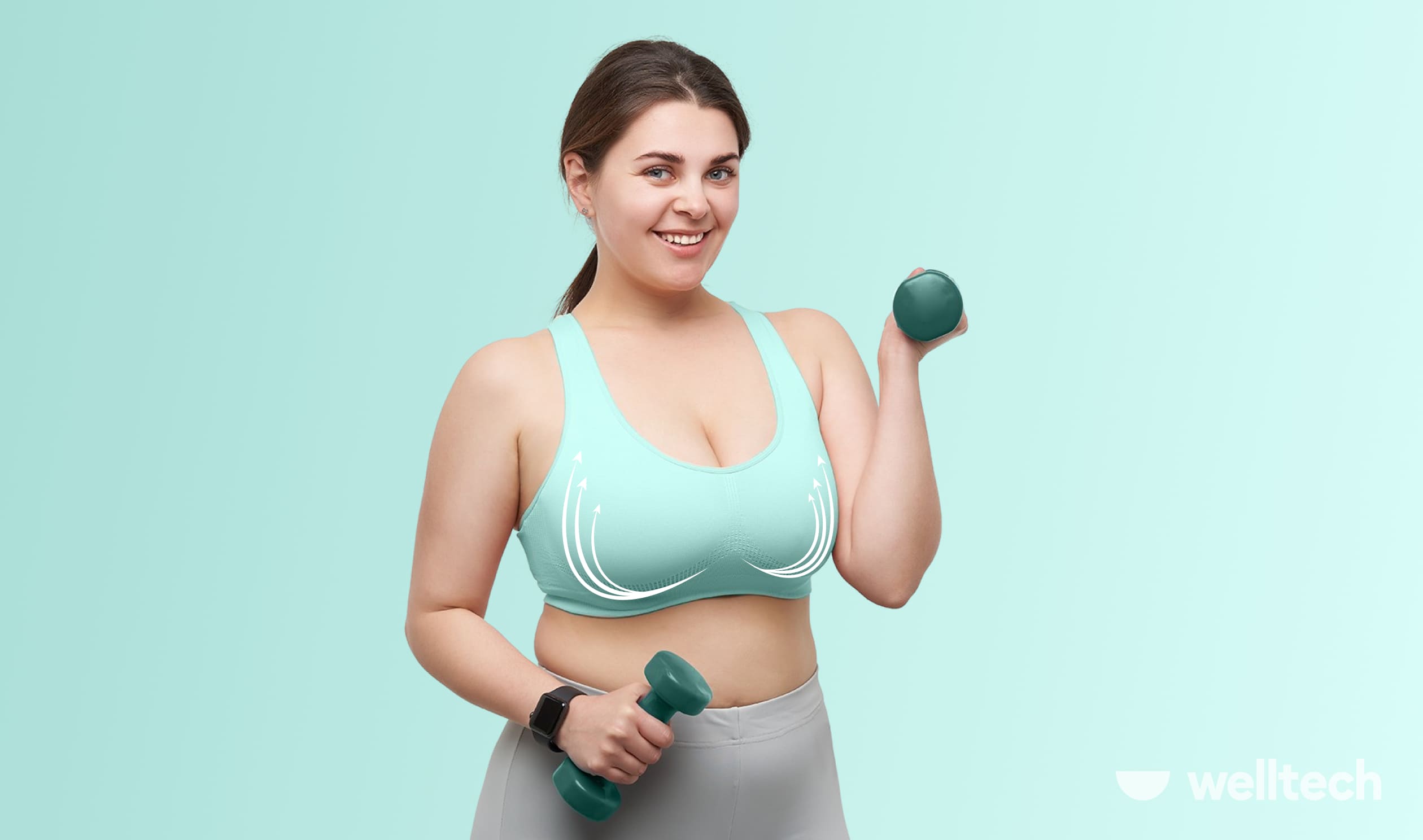 a woman with a curvy figure is working out with dumbbells, looking into the camera, smiling, breast-firming exercises