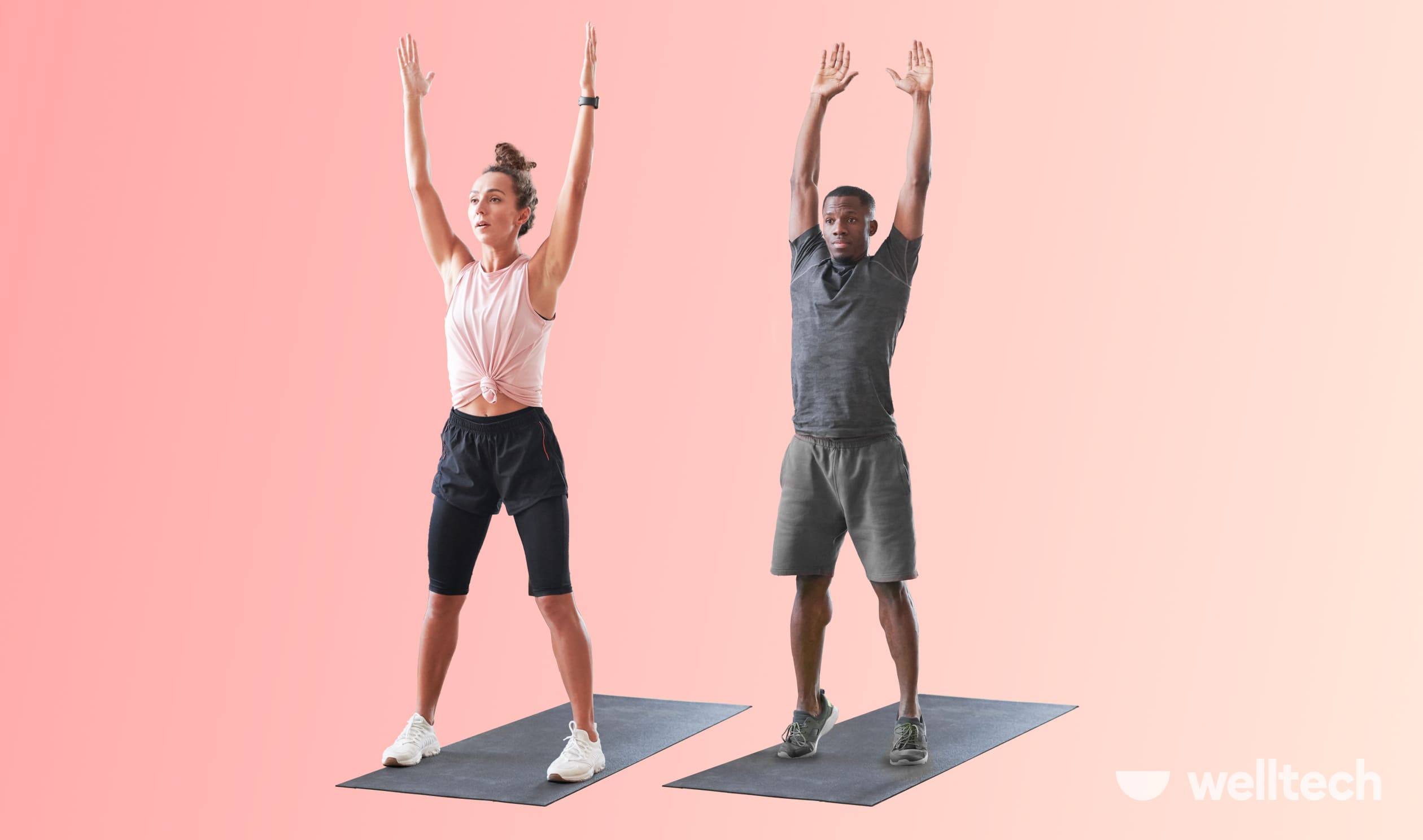 two models, male and female, are doing burpee alternatives on fitness mats