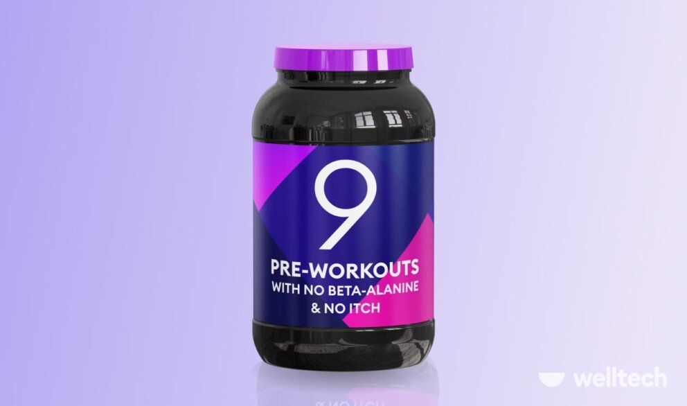 a pre-workout bottle with a label that says 9 pre-workouts with no beta alanine and no itch