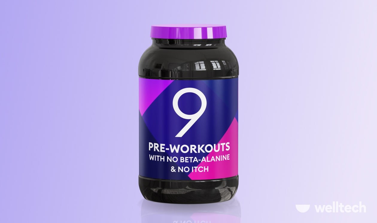 a pre-workout bottle with a label that says 9 pre-workouts with no beta alanine and no itch