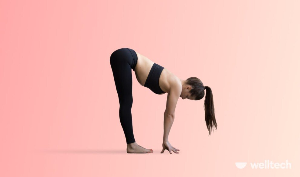 a woman is practicing yoga, doing Half-Forward Fold (Ardha Uttanasana)_weight-loss yoga poses