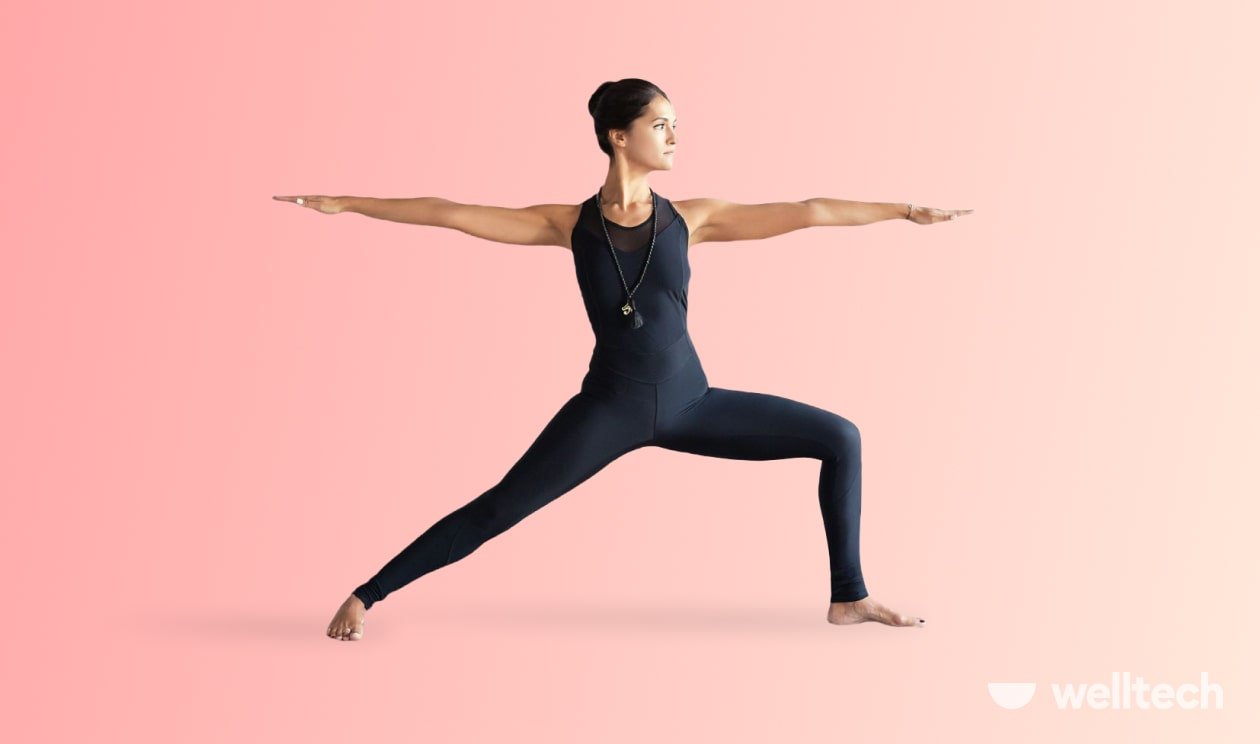 a woman is practicing yoga, doing Warrior I (Virabhadrasana I)_weight-loss yoga poses