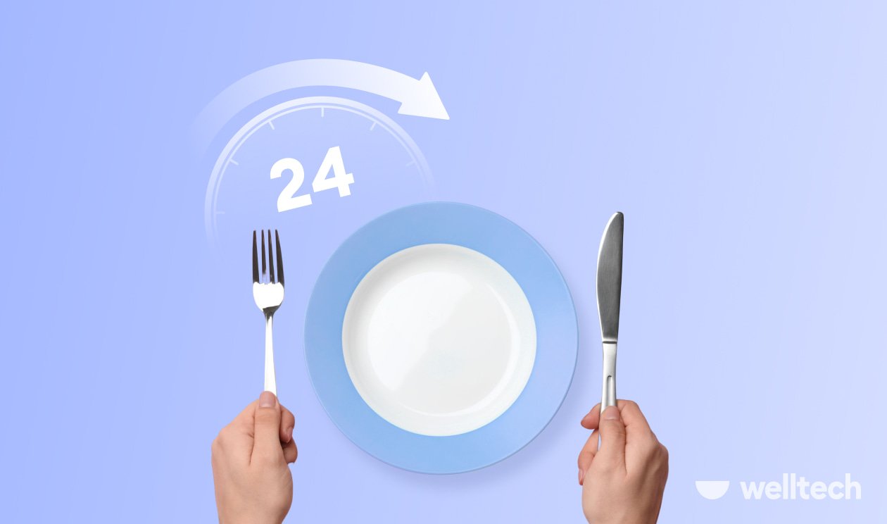 an empty plate with an illustration of 24-hour fast, Benefits Of 24-Hour Fast Once A Week