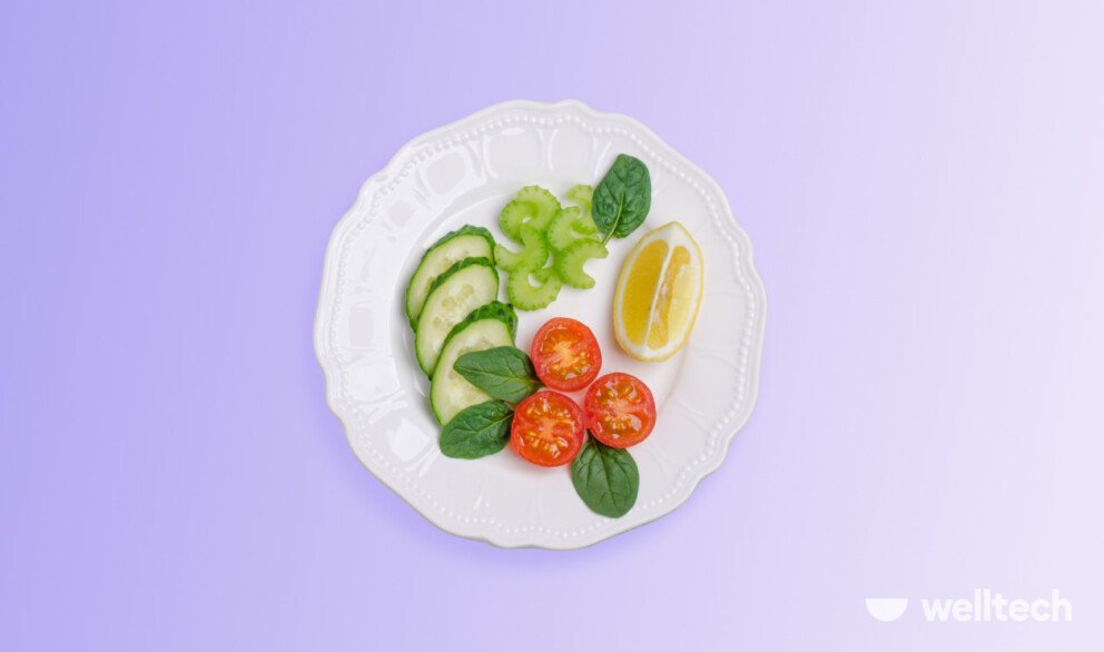 small amount of food on a plate, mostly vegetables, abc diet