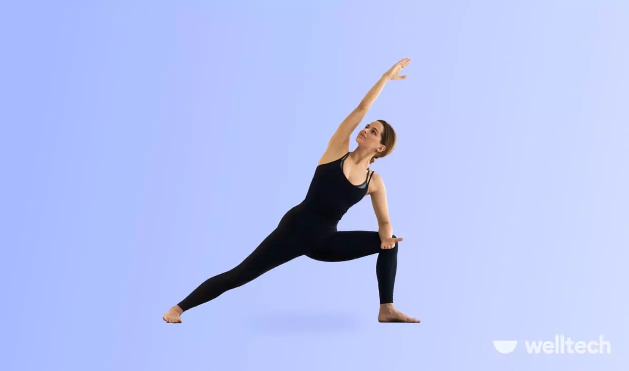 a woman is doing yoga, practicing Extended Side Angle Pose (Utthita Parsvakonasana)_standing yoga poses