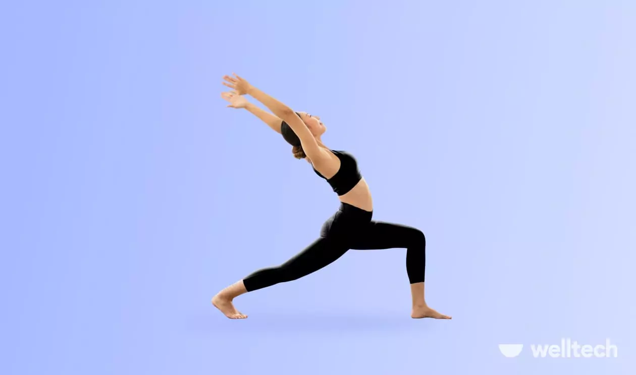 a woman is doing yoga, practicing High Lunge (Anjaneyasana, variation)_standing yoga poses