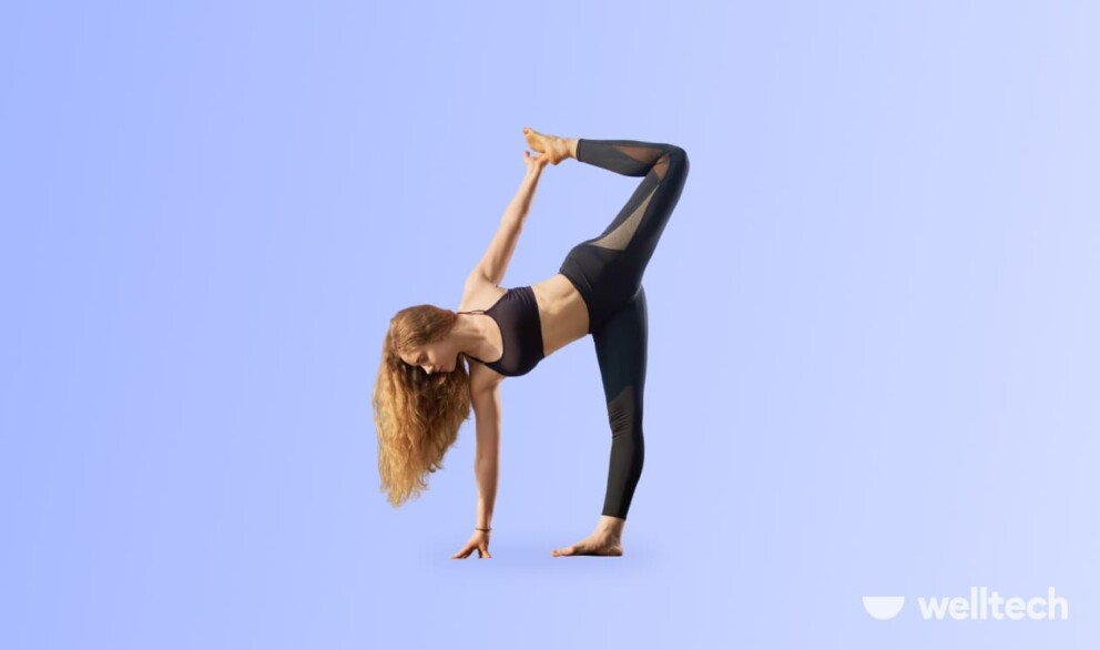 a woman is doing yoga, practicing Sugarcane Pose (Ardha Chandra Chapasana)_standing yoga poses