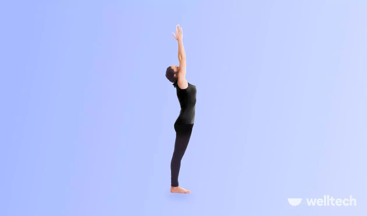 a woman is doing yoga, practicing Upward Hands Pose (Urdhva Hastasana)_standing yoga poses