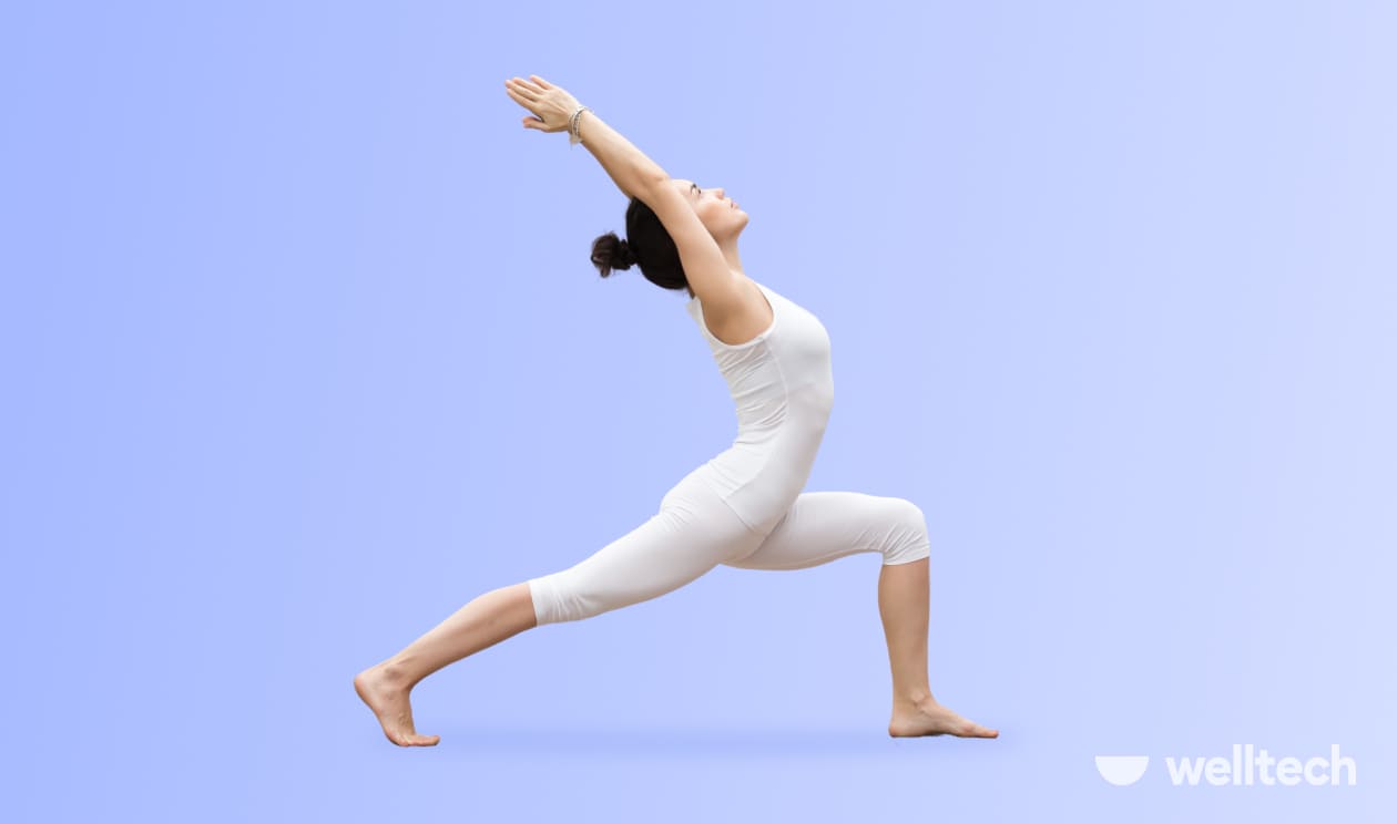 a woman is doing high lunge, standing yoga poses