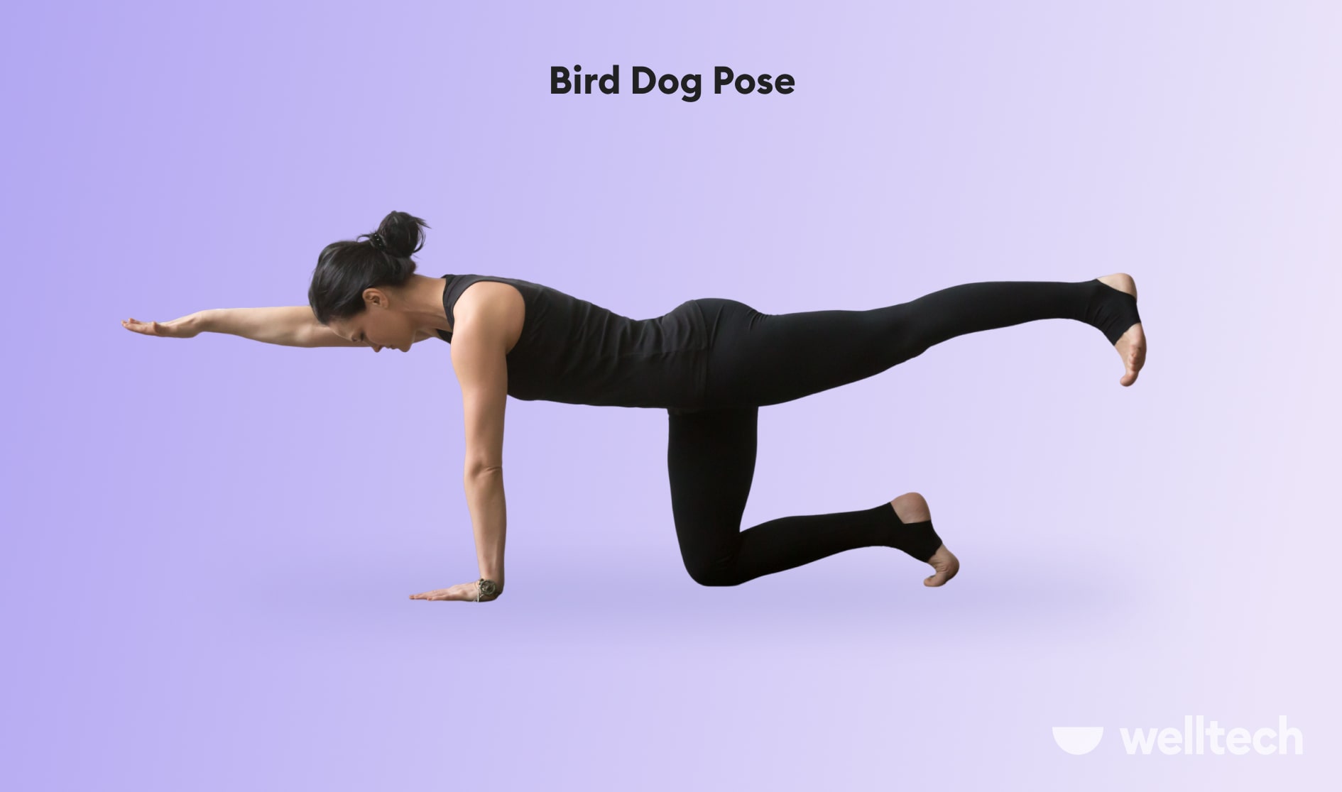a woman is practicing yoga, doing Bird_Dog_Pose_yoga for posture