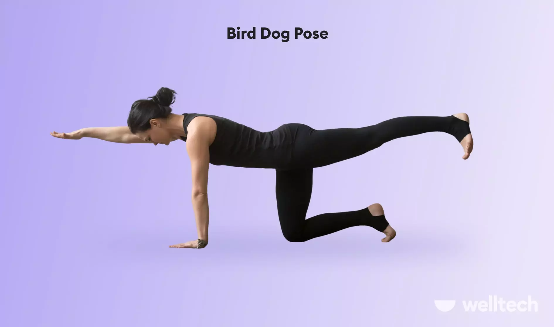 a woman is practicing yoga, doing Bird_Dog_Pose_yoga for posture