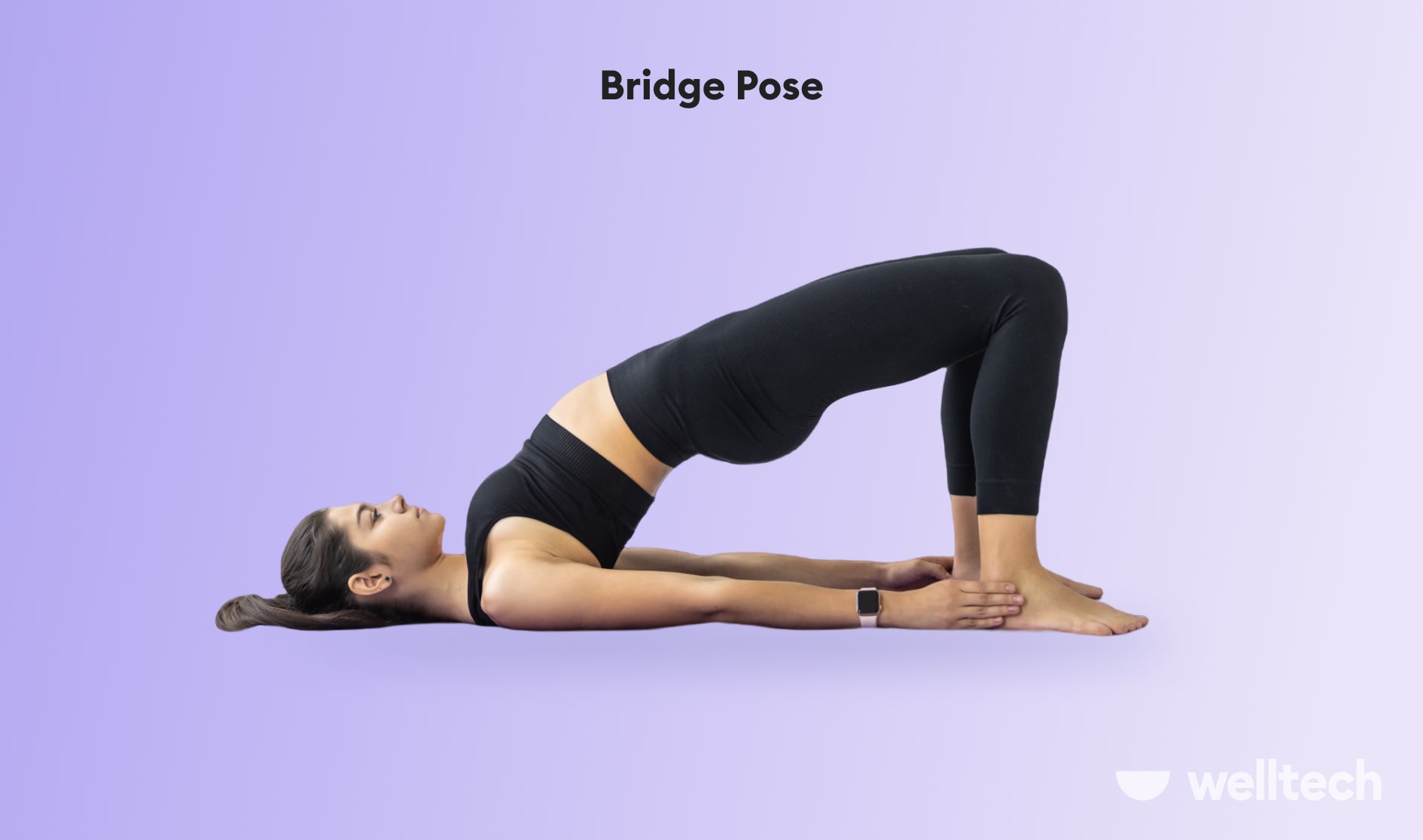 a woman is practicing yoga, doing Bridge_Pose_yoga for posture