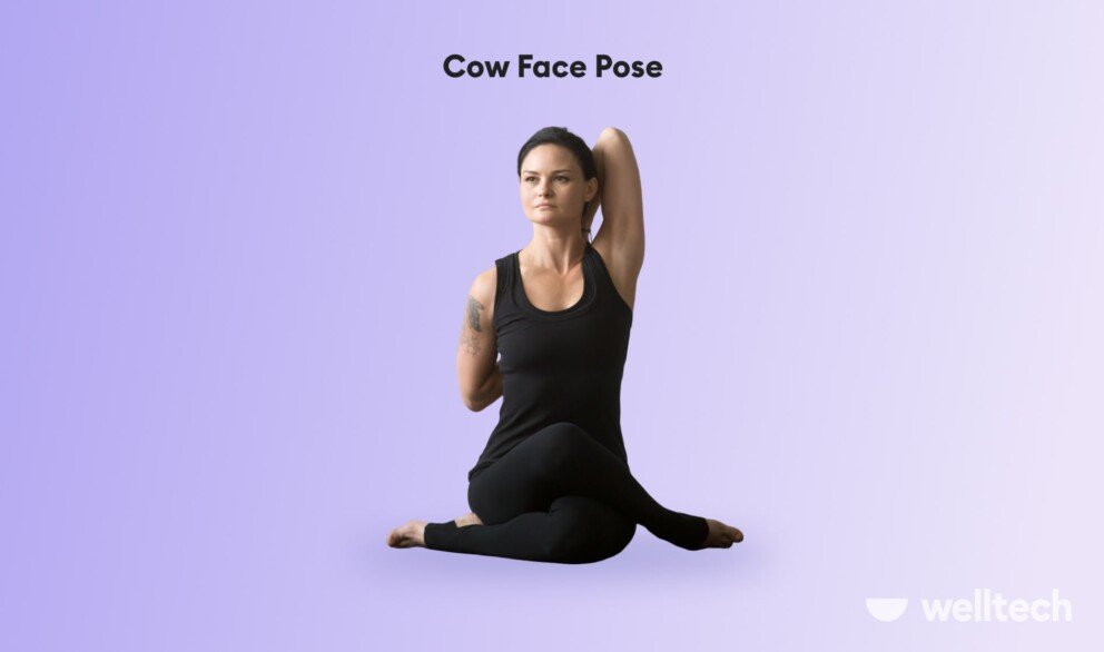a woman is practicing yoga, doing Cow_Face_Pose_yoga for posture