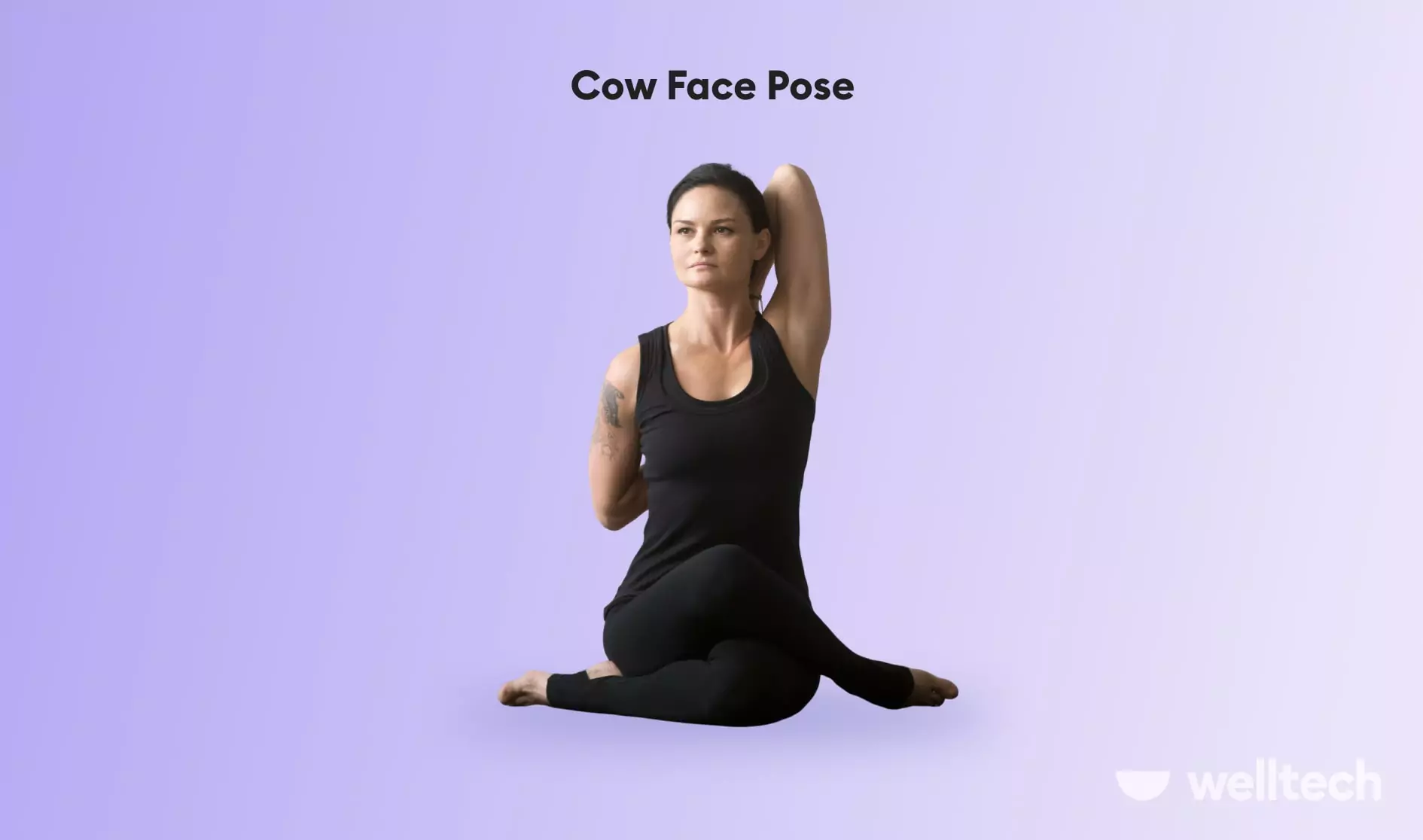 a woman is practicing yoga, doing Cow_Face_Pose_yoga for posture