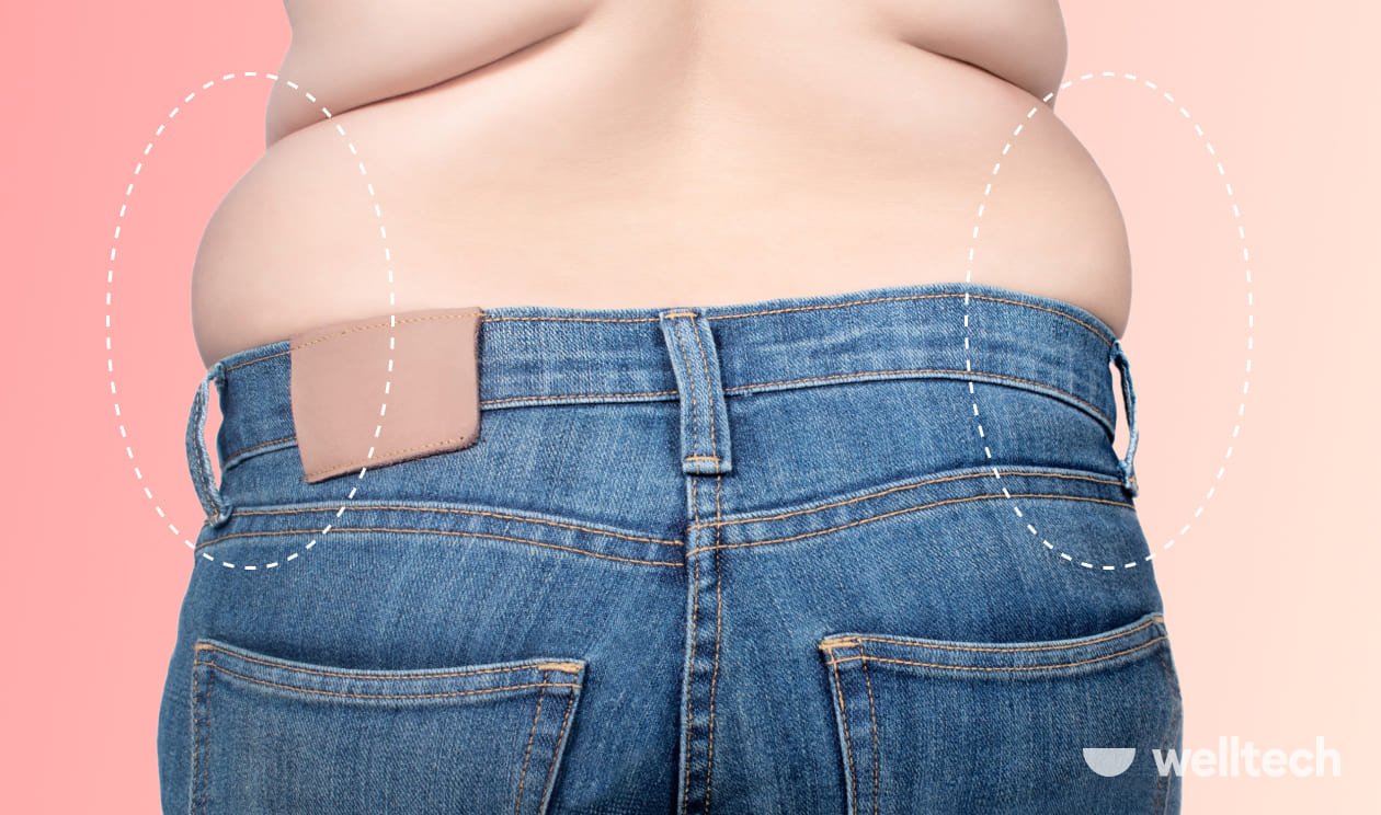 a woman is standing with her back to the camera, illustrating muffin top - fat accumulated in the abdominal area