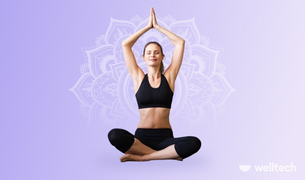 a woman is sitting in a easy pose with her hands up, yoga for posture
