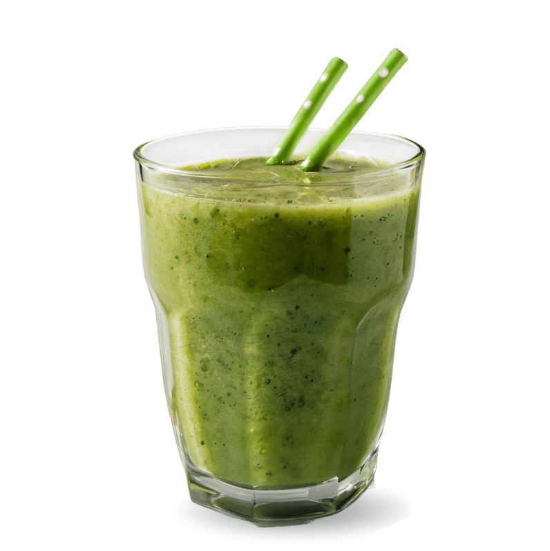 a glass of green smoothie against a white background. The smoothie has a vibrant green color, it contains green vegetables or fruits, such as spinach, kale, or green apples. Two green straws are placed inside the glass, indicating that the drink is ready to be enjoyed. The smoothie appears thick and evenly blended, typical of a health-focused beverage