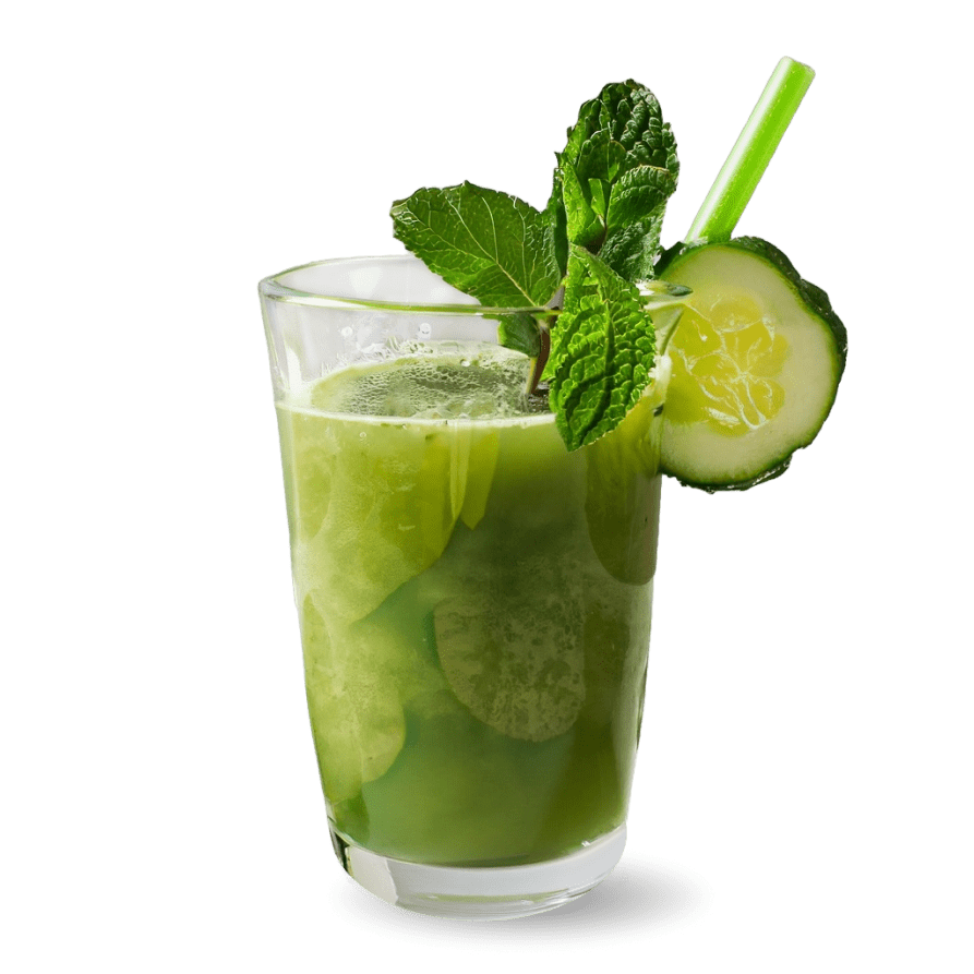 Refreshing Cucumber Mint Cooler: A clear glass containing a bright green beverage, likely infused with cucumber and mint, evidenced by the cucumber slice and mint sprig garnish. A green straw extends from the drink, inviting a sip. The cooler appears freshly made with visible cucumber slices within, and frothy bubbles on top, suggesting a cool, crisp, and hydrating drink, perfect for warm weather