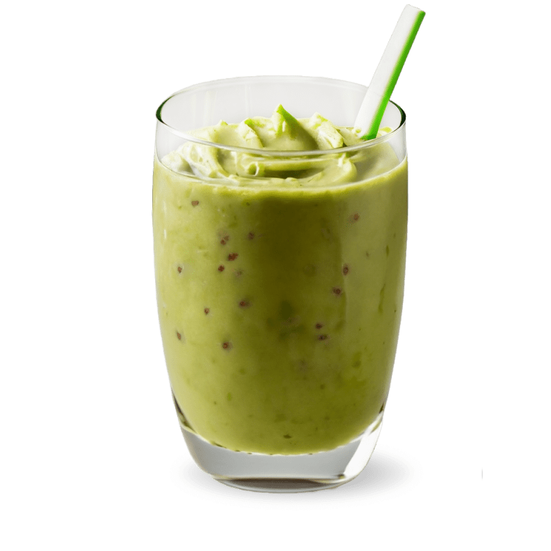 a glass containing a thick, green smoothie with a straw. The green color suggests that it might be made from fruits like kiwi or green apple, possibly blended with leafy greens such as spinach or kale. There are visible seeds or small pieces of fruit throughout the smoothie, giving it a textured appearance. On top of the smoothie, there is a garnish that appears to be a sliced piece of the same fruit used in the smoothie, which enhances the visual appeal and indicates the flavor