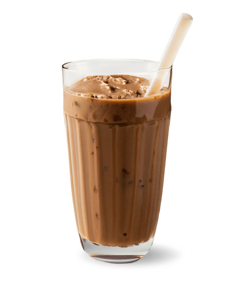 a tall glass of a creamy chocolate peanut butter smoothie with a white straw. The smoothie has a thick consistency and a rich, mottled chocolate color, indicating a blend of ingredients