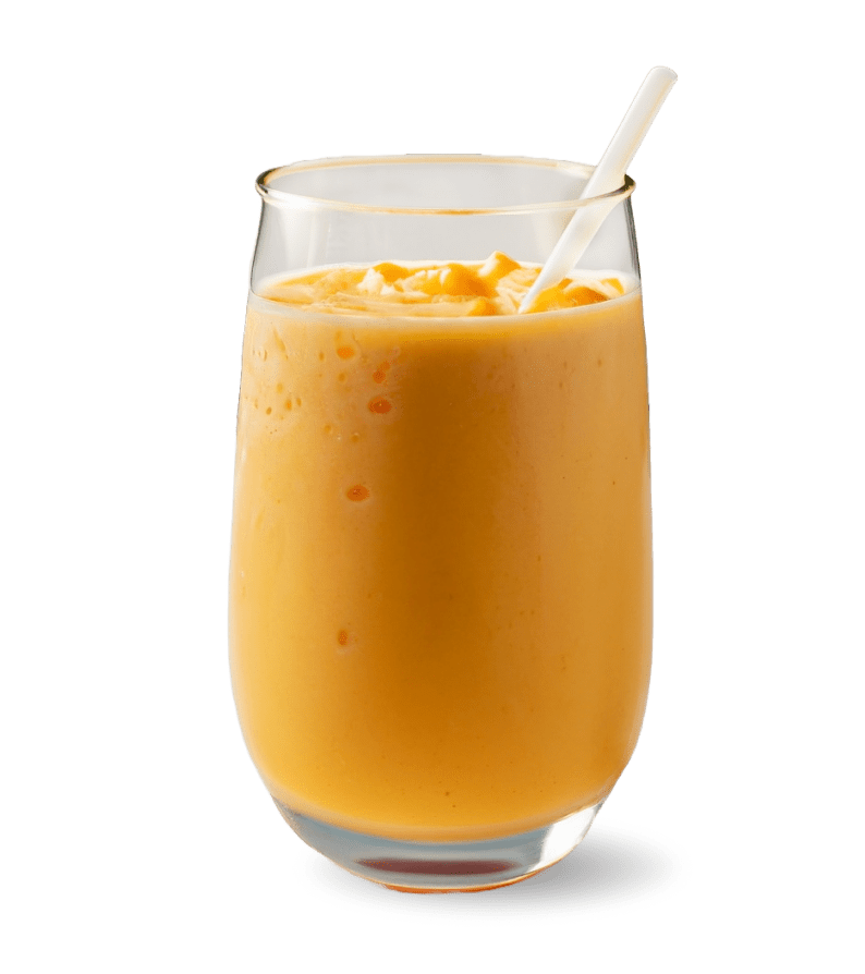 Citrus Sunrise Smoothie: A tall glass filled with a smooth, creamy orange-yellow smoothie. A white straw is inserted into the drink, suggesting readiness for consumption. The color gradient of the smoothie, along with its name, implies ingredients like orange, mango, or carrot, creating a visual representation of a sunrise. Small bubbles are visible, indicating a freshly blended texture
