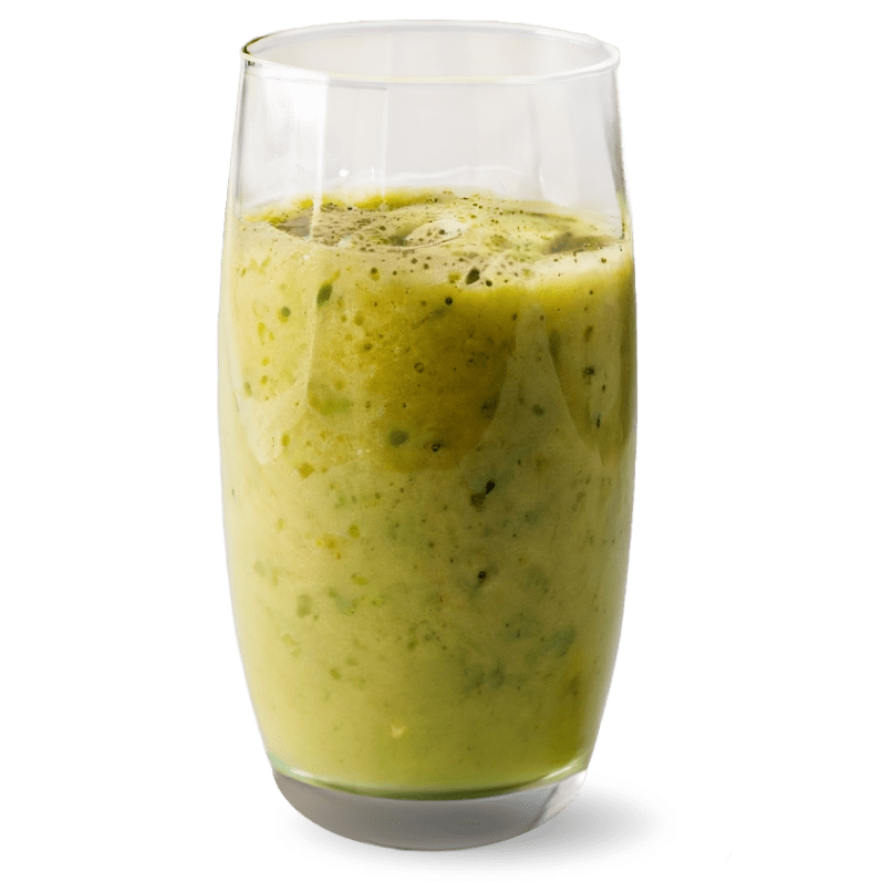 Energizing Green Tea Smoothie in a tall, clear glass. The smoothie has a vibrant green hue with flecks of darker green, possibly indicating ingredients like spinach or kale mixed with green tea. The surface is dotted with small bubbles, suggesting a frothy and fresh texture