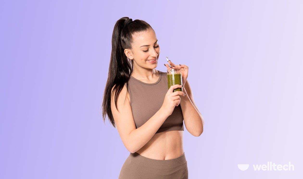 a young woman in sportswear is drinking green smoothie, smoothies to lose belly fat