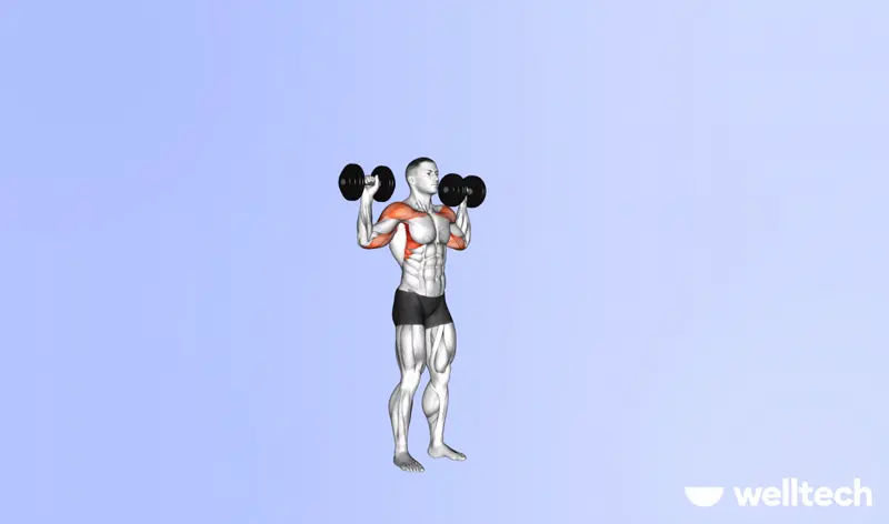 a male model is working out, performing dumbbell_overhead_press_push workouts