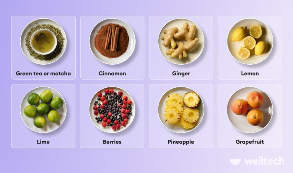 an illustration of fat burning ingredients for healthy smoothies including cinnamon, pineapple, ginger, green tea, berries, etc._Smoothies to Lose Belly Fat