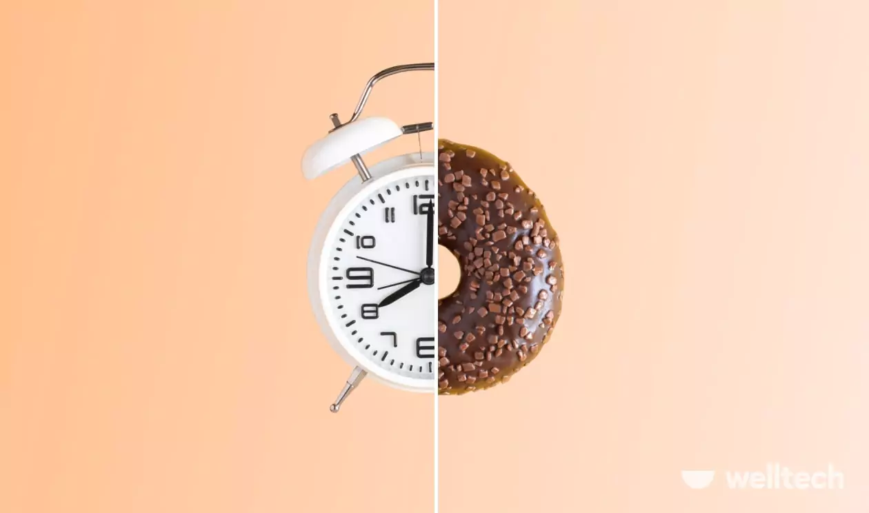 half clock, half donut illustration, foods to avoid when breaking a fast