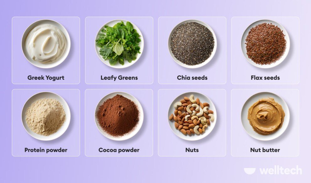 an illustration of nutritious ingredients for smoothies like chia and flex seeds, protein powder, cocoa powder, nuts, leafy greens, etc_Smoothies to Lose Belly Fat fast