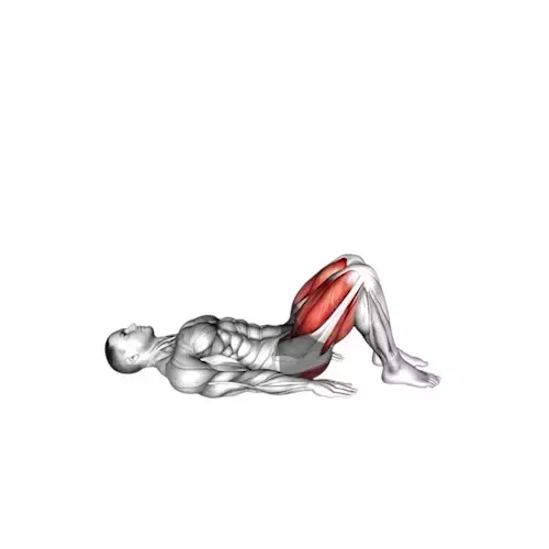 Illustration of a human figure in the bridge position, also known as a hip thrust. The individual's upper back is on the ground with feet planted and knees bent. The hips are elevated, forming a straight line from the shoulders to the knees. The muscles in the glutes and hamstrings are highlighted in red, indicating they are the primary muscles activated during this bodyweight exercise
