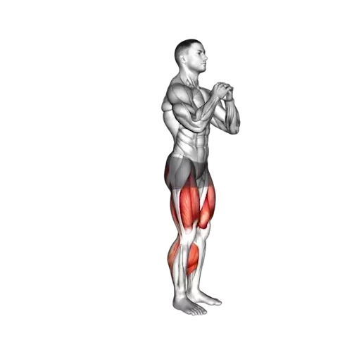 Illustration of a human figure in a lunge position with one leg forward and the other extended back, both knees bent at 90 degrees. The individual's hands are clasped together at chest height. The muscles in the thighs and glutes of both legs are highlighted in red, indicating these are the primary muscles being worked during this lower body exercise