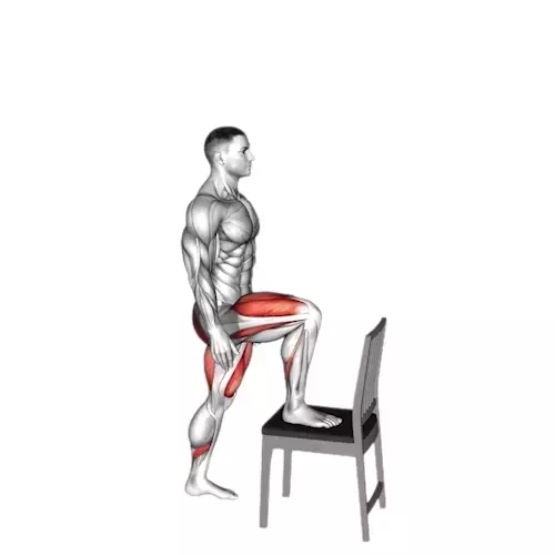 Illustration of a human figure performing a step-up exercise onto a chair. The individual has one foot placed on the seat of the chair, with the body leaning slightly forward as the other foot prepares to step up. The muscles in the leading leg's thigh and glutes are highlighted in red, showing the primary muscles used to lift the body during this lower body exercise
