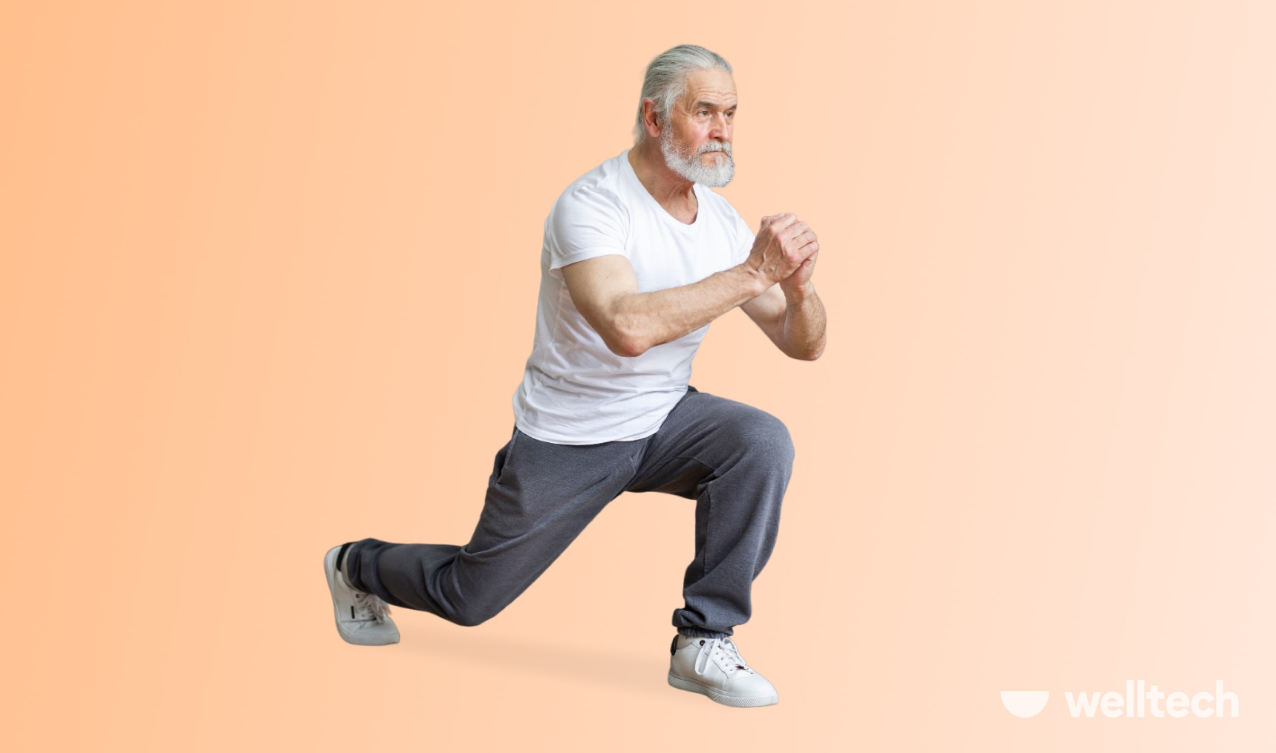 a middle-aged senior man with grey hair in sportswear is working out, doing lunges, best workouts for men over 50