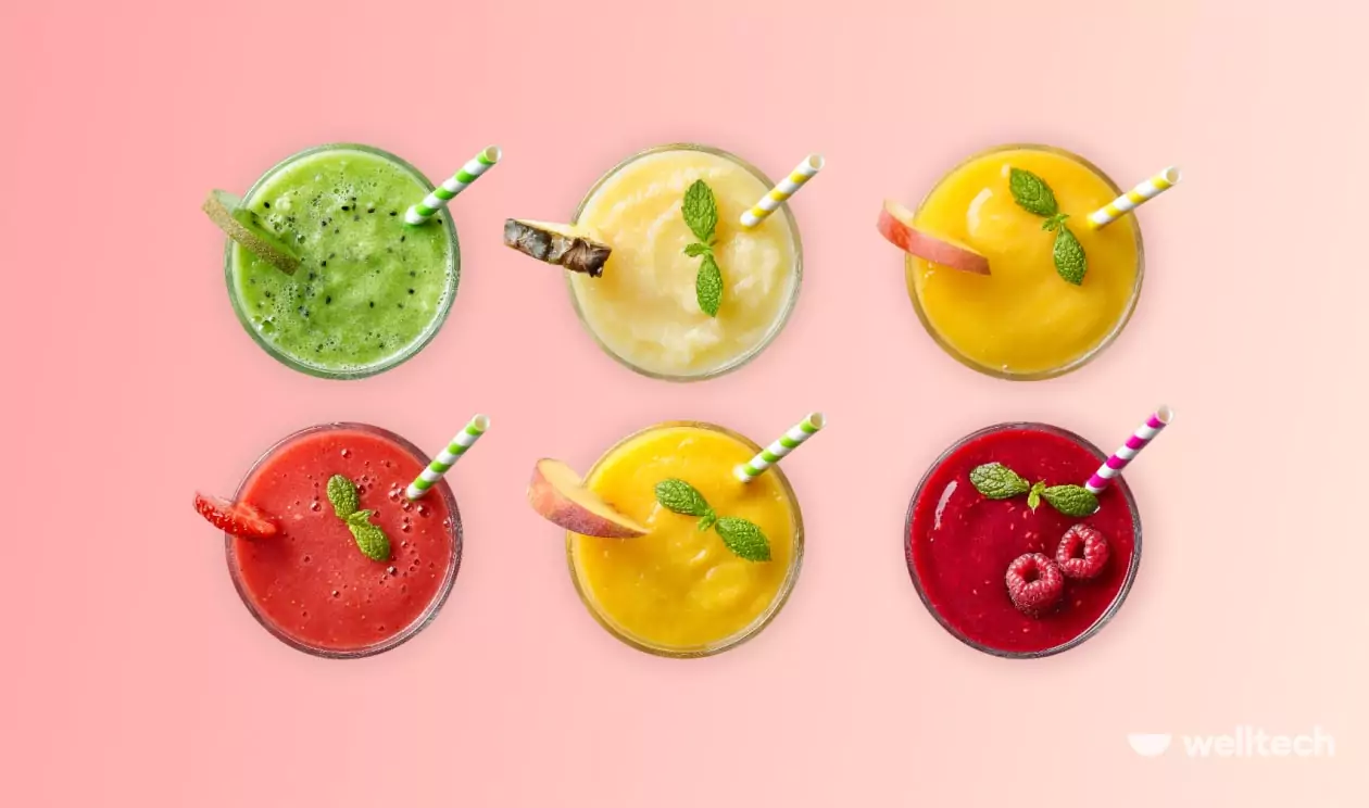 six glasses with different smoothies, weight gain smoothie recipe