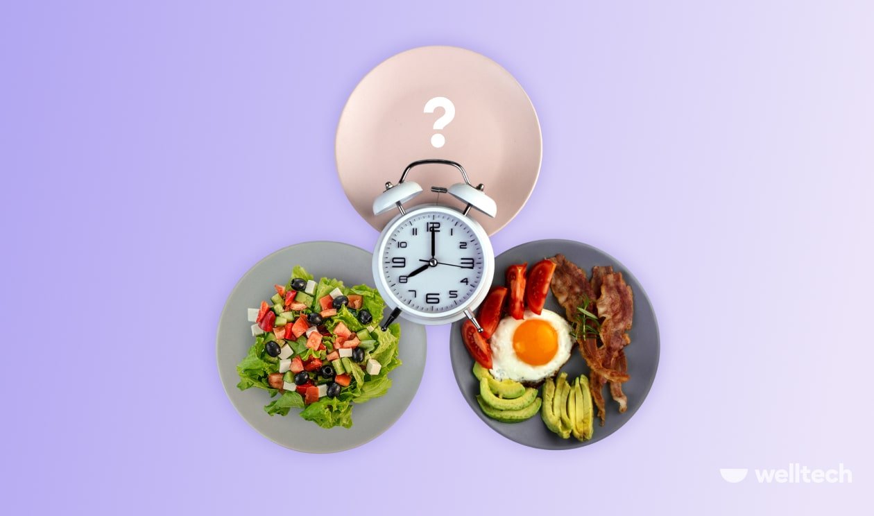 three plates on a purple background, two with food and one is empty, which meal is best to skip for weight loss