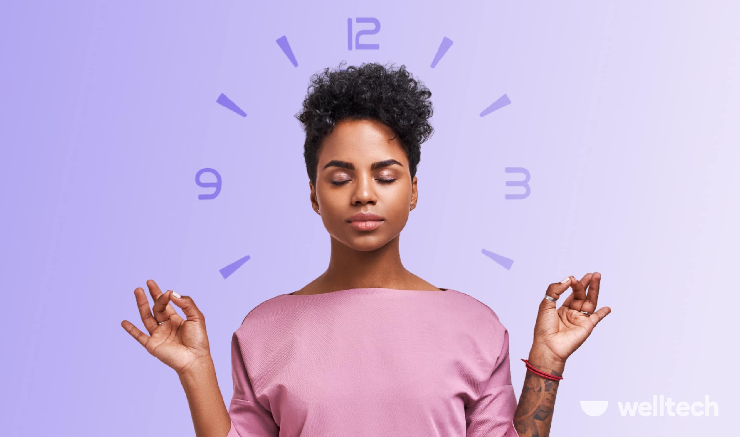 a woman is meditating, doing yoga, clock markup is in the background