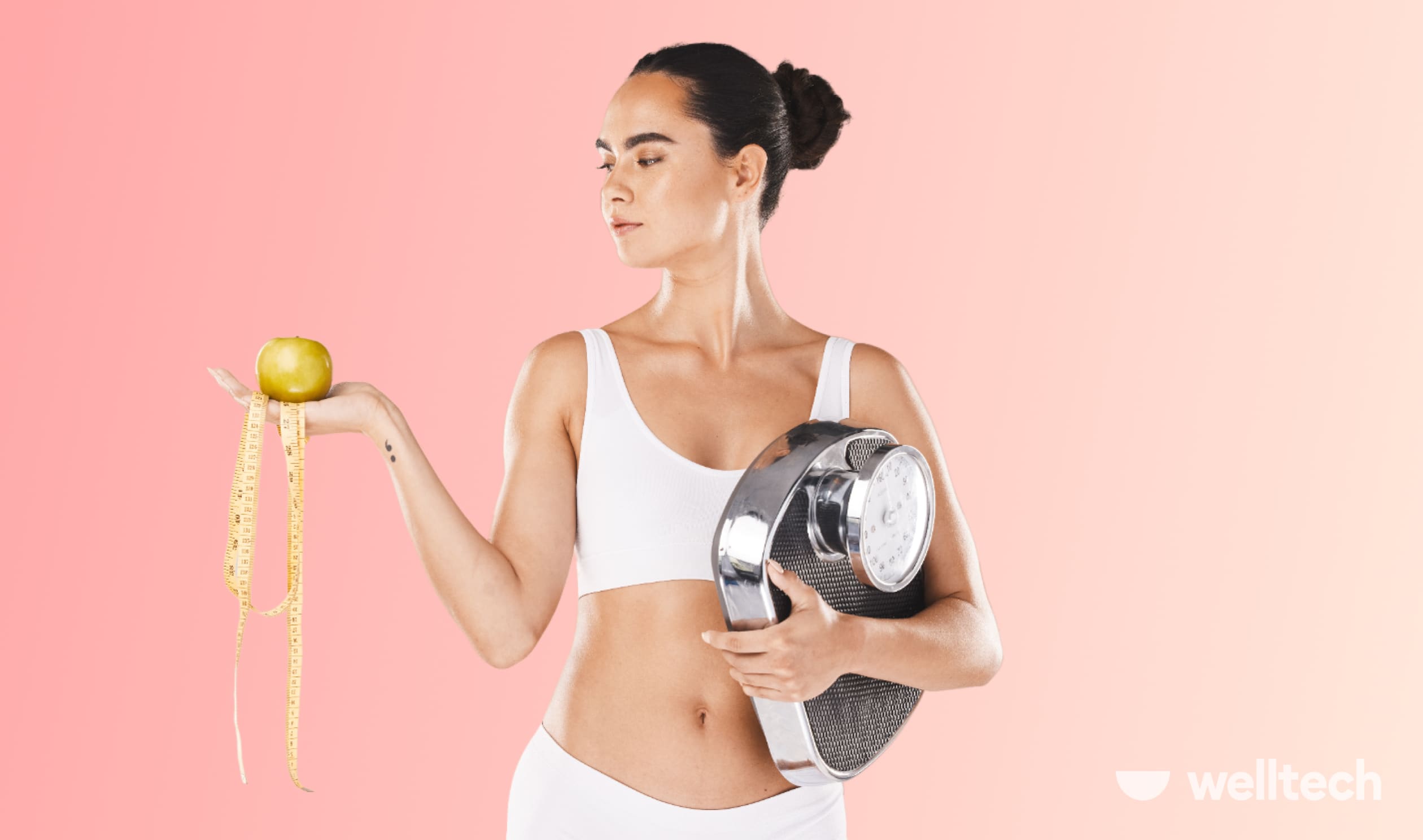 a woman in white sportswear is holding scales in one hand and an apple and a measuring tape in another one, weight loss, can you lose inches and not weight