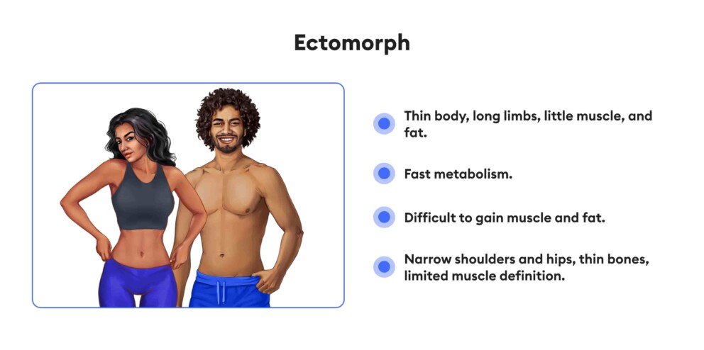 Ectomorph body type, male and female body examples with a list of the Ectomorph body type characteristics_intermittent fasting by body type