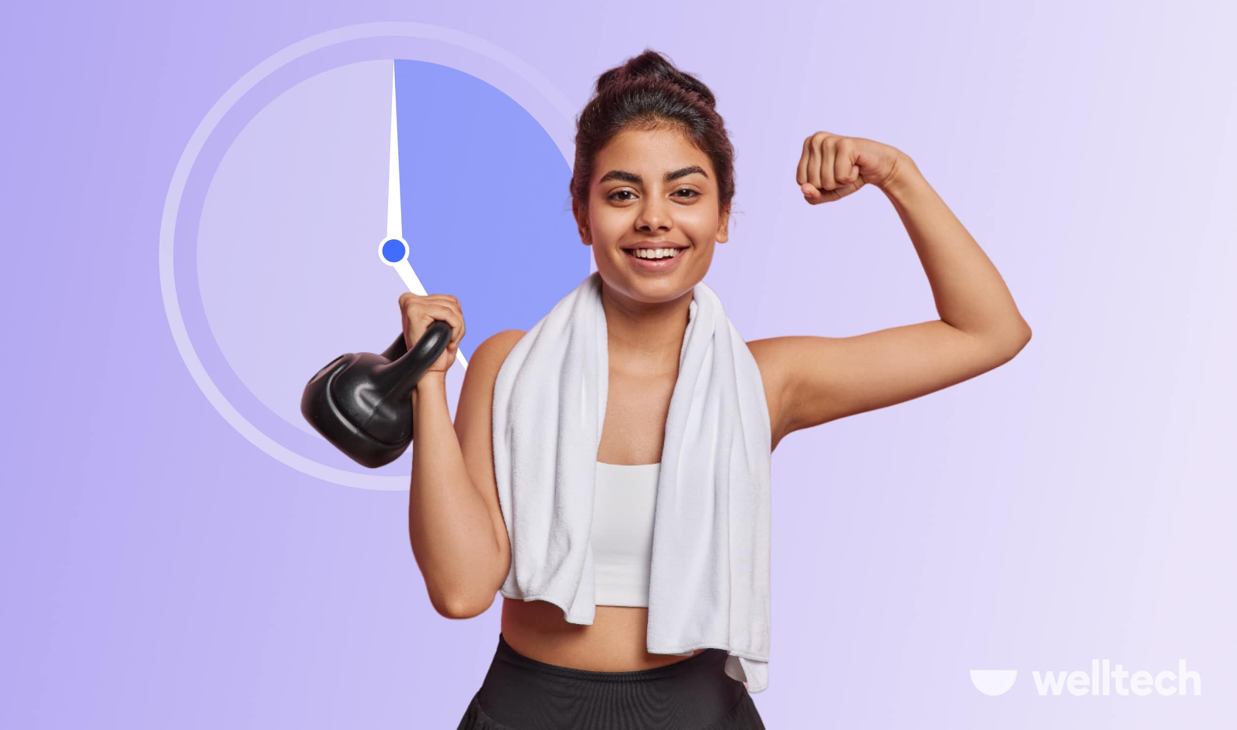 a young woman is flexing her bicep, holding a kettlebell in one hand, lifting weights while fasting