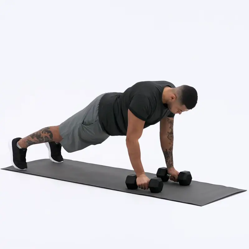 a man is working out, doing Plank Push Up Row_how to lose upper body fat