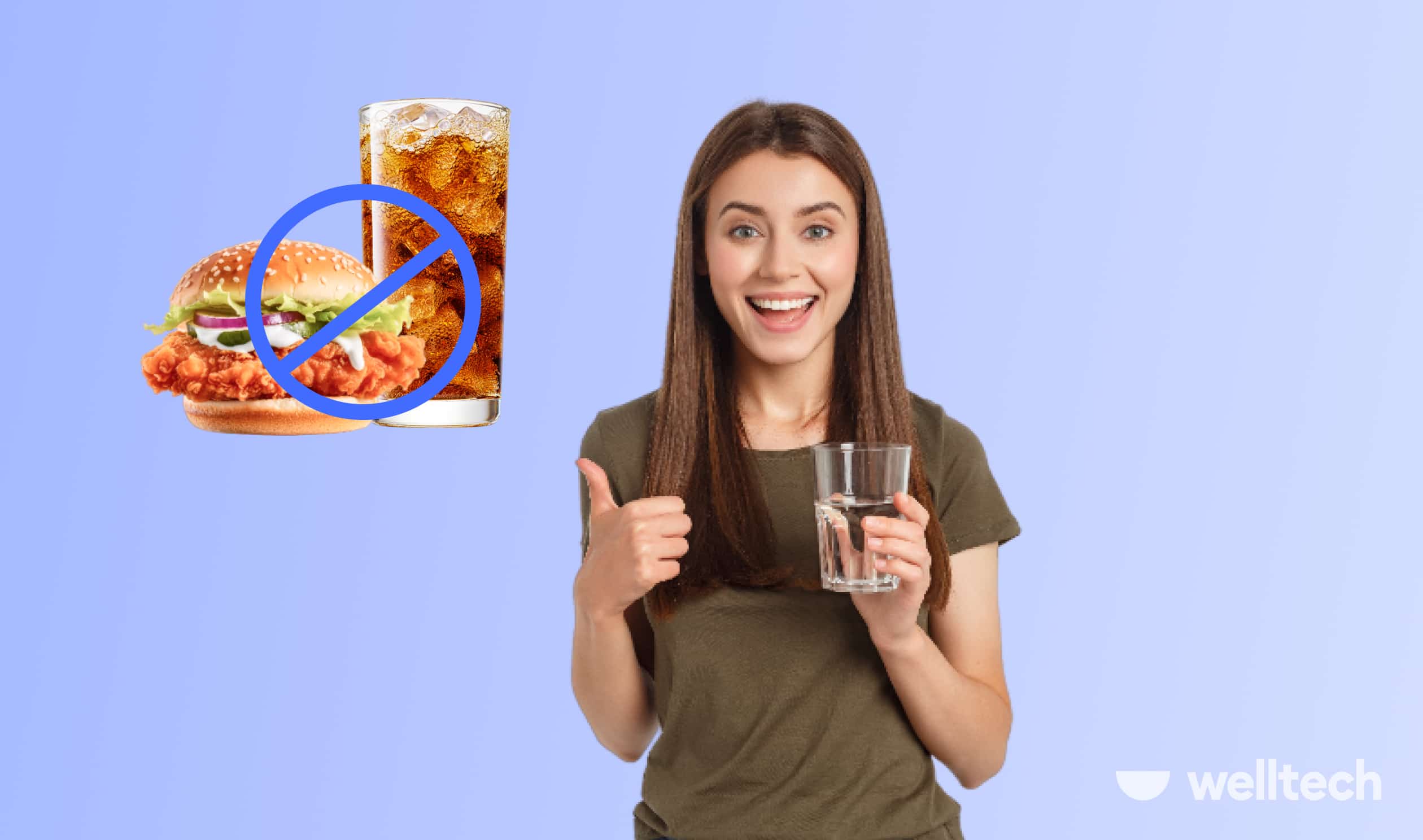 a woman is holding a glass full of water, smiling, holding thumbs up, junk food like burgers and coke is crossed in the background, water fasting